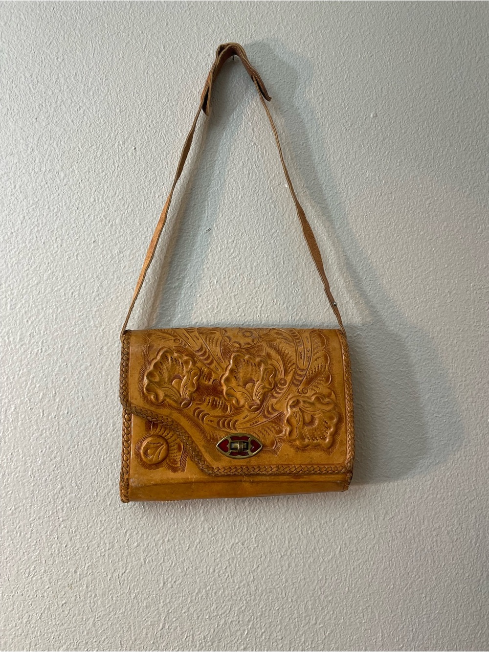 VTG Gaitan Mexican Hand Tooled Leather Reversible Shoulder Bag 1960s